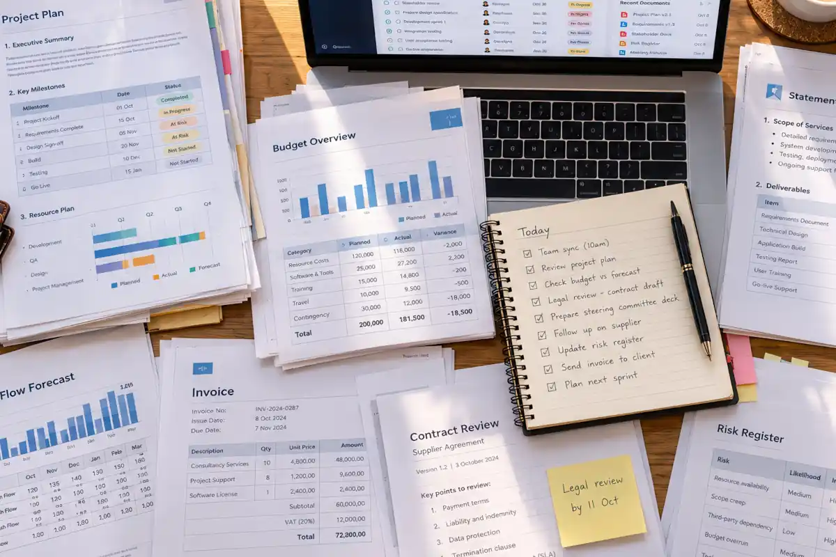 Overhead view of invoices, reports, folders and a calculator spread across a desk